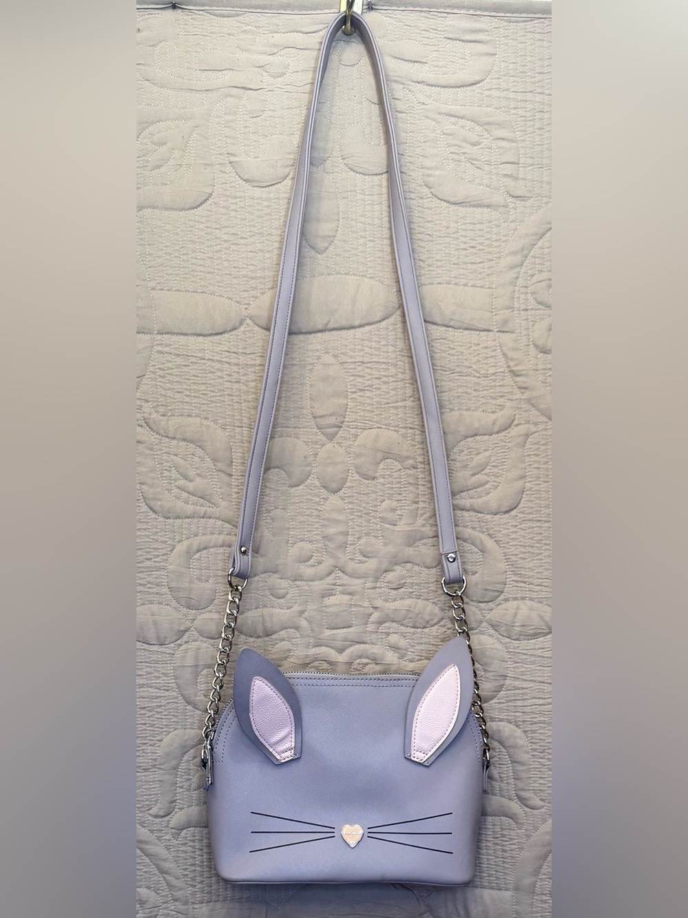 Betsy Johnson Grey/Lavender Bunny Rabbit Crossbody Bag with Pink Ear Accent